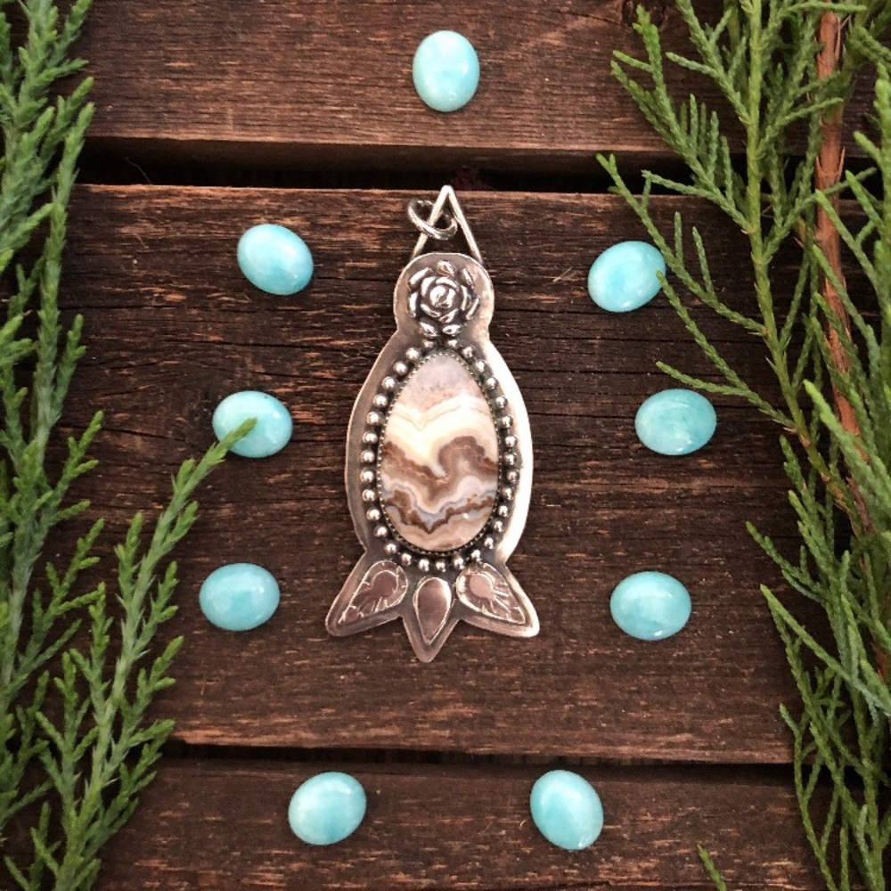 Huge artisan made sterling zebra agate pendant one of a kind